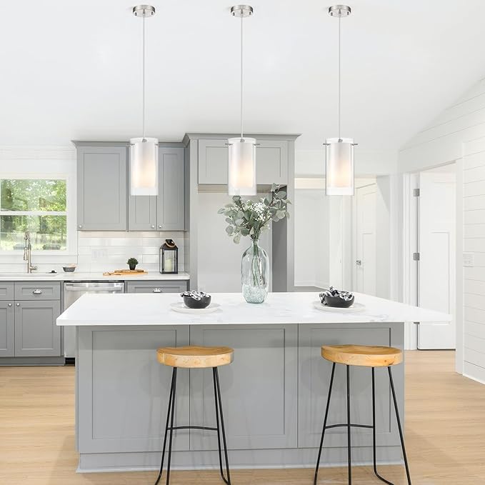 3-Light Pendant Light, Indoor Glass Hanging Light Fixture, Adjustable Height, Brushed Nickel Finish for Kitchen Dining Room