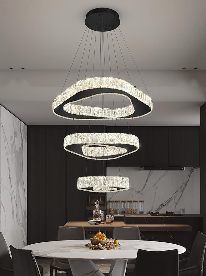 Modern Black Chandelier Adjustable 3 Rings Crystal Chandelier for Living Room Foyer Stairwell Lighting High Ceiling Light Dimmable 2700K-6000K