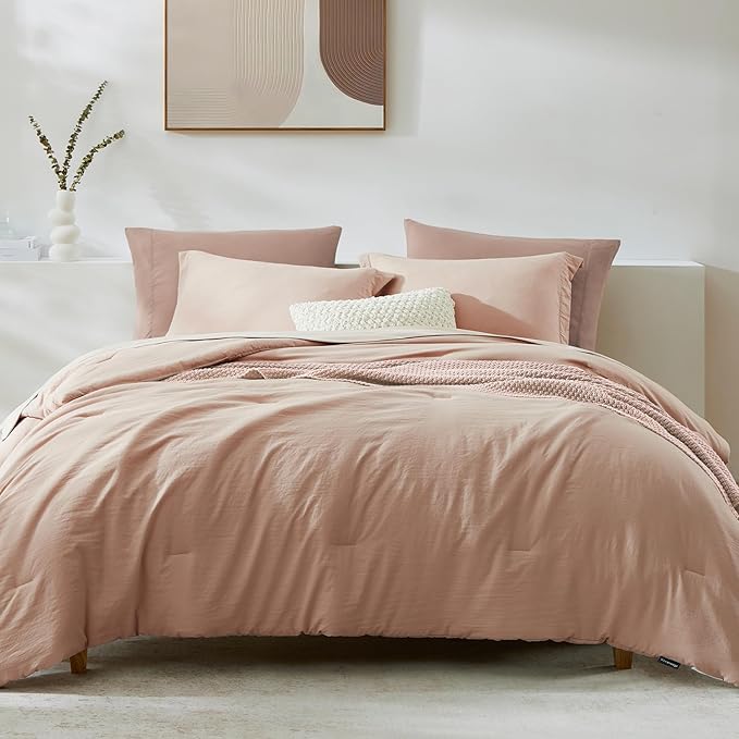 WRENSONGE Full Size Comforter Set- 7 Pieces Clay Pink Bed in a Bag Full Size Comforter with Fitted Sheet, Flat Sheet, 2 Pillow Shams, 2 Pillowcases, Warm Bedding Sets for All Season