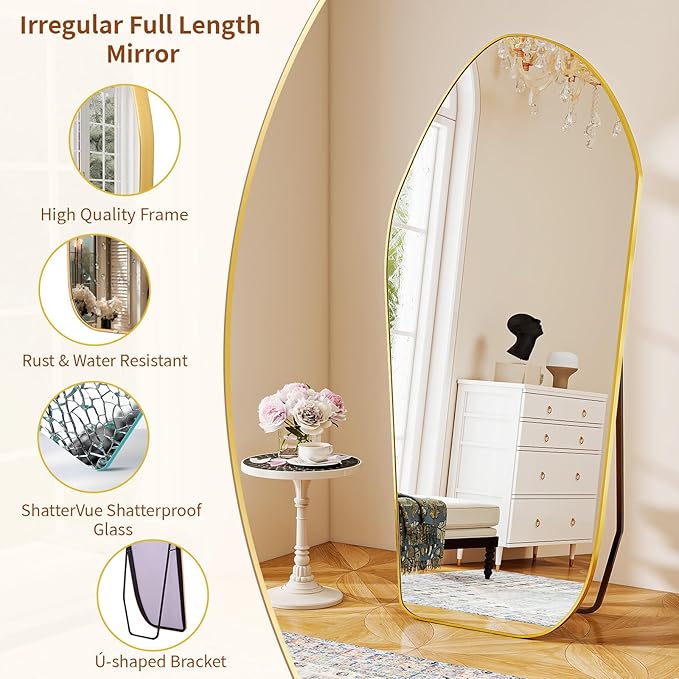 BEAUTYPEAK Full Length Dress Mirror - Floor Mirror 76"x34" Irregular Diamond Shape Aluminum Frame, Standing or Hanging Mirror for Bedroom Living Room Entryway, Gold
