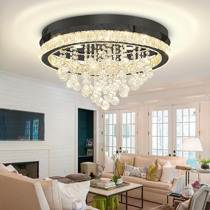 24" Modern Crystal Chandeliers for Dining Room Black Ceiling Chandelier Flush Mount Crystal Ceiling Light for Bedroom Living Room Hallway