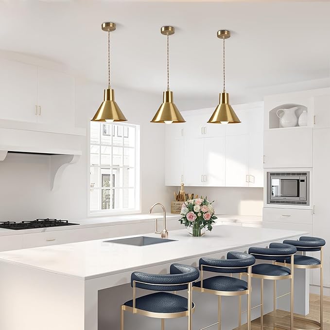 KCO Lighting Gold Cone Pendant Light Mini Barn Pendant Light Fixtures Modern Brass Pendant Lights Kitchen Island Set of 2 Vintage Industrial Ceiling Hanging Light for Dining Room Living Room 2 Pack
