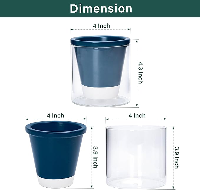 D'vine Dev 4 Inch Design Self Watering Planter for Indoor Plants, Blue Terracotta Pot with Cylinder Glass Cup, Set of 2, 37-Y-A-4