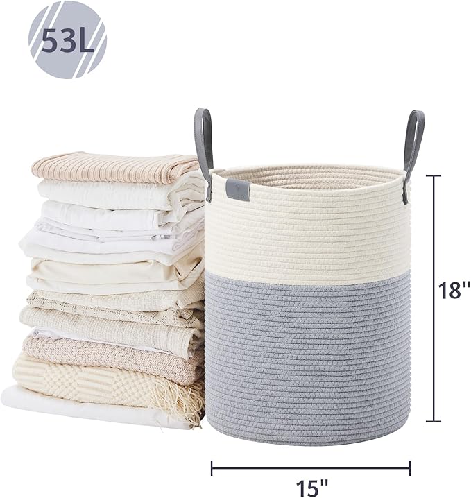 VIPOSCO Tall Laundry Basket, Large Dirty Clothes Hamper with Leather Handle, Woven Rope Storage Basket for Blanket, Toy In Living Room, Bathroom, Bedroom - 53L Grey & White