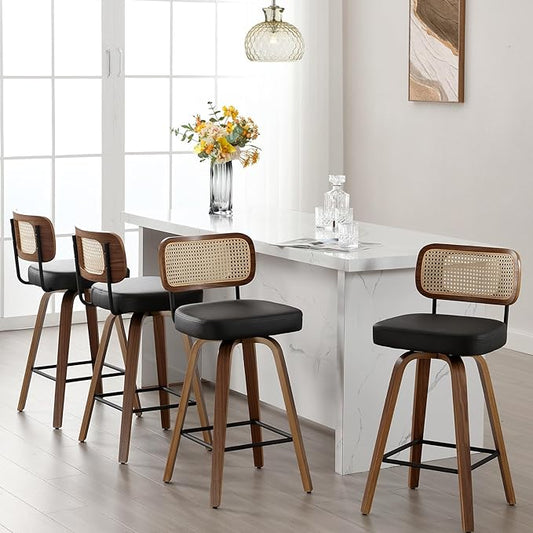 Swivel Bar Stools Set of 4, Upholstered Faux Leather Barstools with Rattan Back, 29" Seat Height Bar Chairs for Kitchen Island, Bentwood Wood Frame, Black