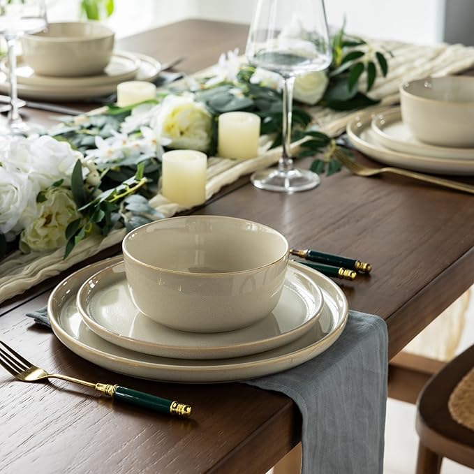 AmorArc Stoneware Dinnerware Sets for 4,Round Reactive Glaze Ceramic Plates and Bowls Set,Highly Scrath Resistant | Dishwasher & Microwave Safe Dishes Set,Service for 4 (12pc)