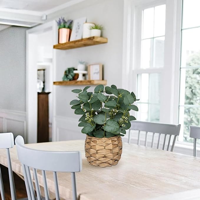 DILATATA Artificial Eucalyptus Stems in Woven Basket Planter, 11" Fake Plant Eucalyptus Leaves with White Seeds Faux Potted Plant Greenery for Table Centerpiece Office Indoor Home Decor