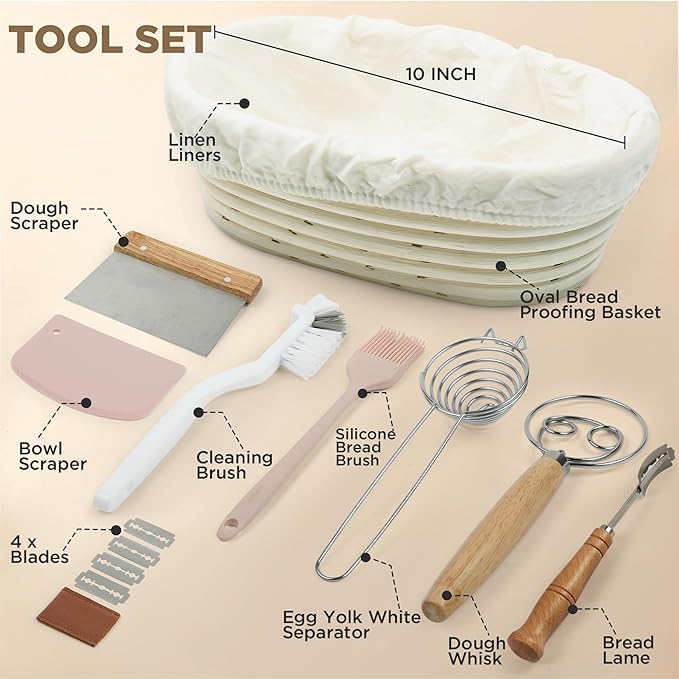 Banneton Proofing Basket Set Sourdough Starter Kit, 10" Oval Bread Dough Proofing Basket, Artisan Style Sourdough Bakers Baking Supplies Handmade Rattan Bread Making Tool for Home