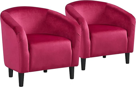 Yaheetech Accent Chairs, Velvet Barrel Chair Cozy Club Chairs with Sturdy Legs and Soft Padded Seat for Bedroom/Living Room/Reading Room, Rose Red, Set of 2