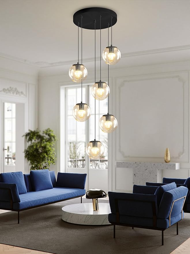 H 87in Modern Glass Globe Chandelier 6-Lights Glass Pendant Light for Staircase Black Globe Chandelier Clear Glass Hanging Lighting for Living Room Bedroom Entryway