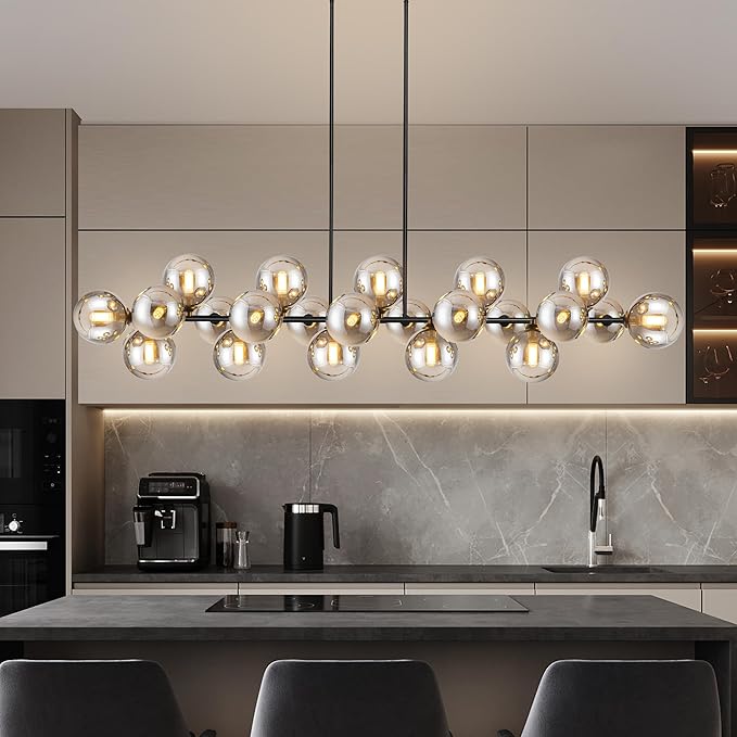 Linear Chandeliers for Dining Room, Glass Globe Sputnik Linear Chandelier Black with 22 Lights Smoky Gray Lampshade, Hanging Island Pendant Light for Kitchen, Oval Table, Farmhouse, Dia 70 Inch
