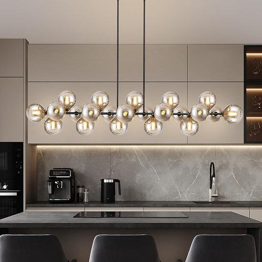 Linear Chandeliers for Dining Room, Glass Globe Sputnik Linear Chandelier Black with 22 Lights Smoky Gray Lampshade, Hanging Island Pendant Light for Kitchen, Oval Table, Farmhouse, Dia 70 Inch