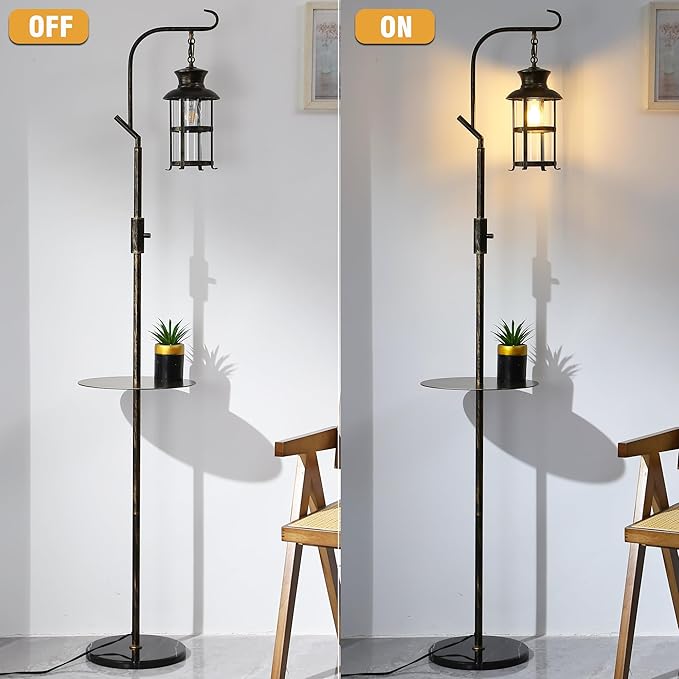 Vintage Dimmable Floor Lamp with matel Table,Classical Lanterns Standing Lamp, Rustic Farmhouse Floor Lamp with Black and Bronze Finish, for Living Room Bedroom