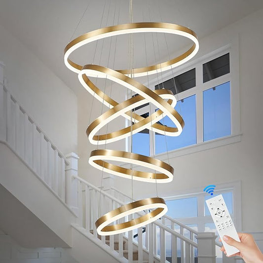 5-Rings Modern LED Chandelier Gold High Ceiling Chandelier with Remote Control Dimmable Pendant Lighting for Dining Room Foyer Living Room Entryway Staircase(3000K-6500K, D23.6’’)