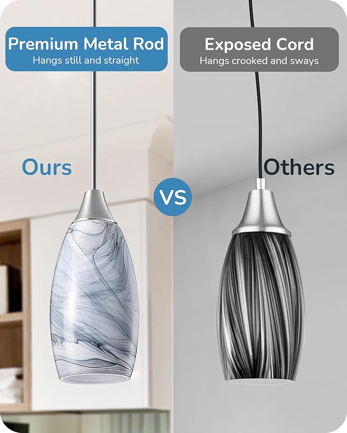 EDISHINE Pendant Light Fixture, Handcrafted Art Glass Hanging Light, Hardwired Ceiling Light, Grey Marble Glass Shade, Adjustable Brushed Nickel Rods, E26 Base, Pendant Lamp for Kitchen Island, Bar