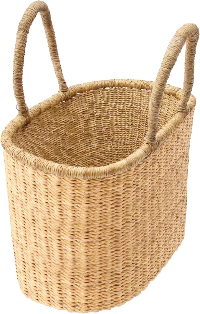 AYÉYA Oval Flat Bottom African Basket – Neutral Tones – Handwoven Wicker Market Basket with Leather Handles – Artisan Tote for Garden, Market, or Storage – Handmade in Ghana