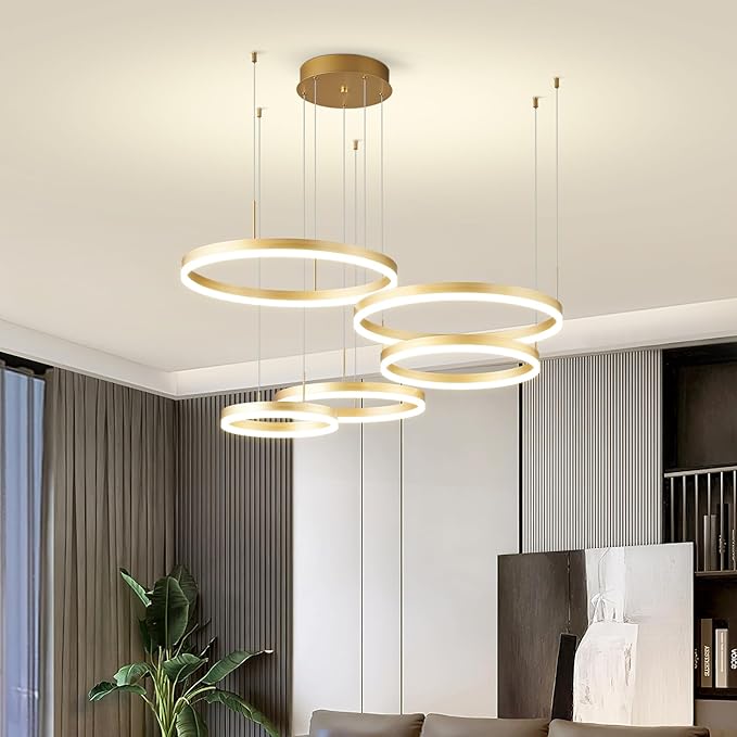Modern Gold Chandelier Ring LED Dimmable Pendant Light Ceiling Light Fixtures 5 Rings Circle Geometric Chandeliers for Dining Room Living Room Entryway Bedroom Hallway Foyer