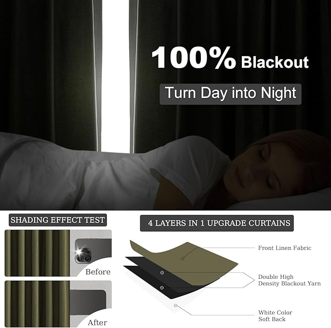 Topfinel Olive Green 100 Inch Long Black Out Custom Curtains, Double Pinch Pleated Window Coverings, Nursery Kids Summber Boho Farmhouse Heat Blocking Sound Block Back Tab Curtains for Sliding Door