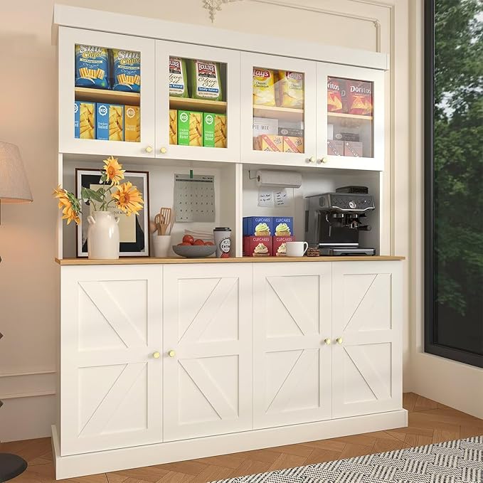 71" Farmhouse Kitchen Pantry Cabinet Set of 2, White Freestanding Coffee Bar with Glass Doors, Microwave Stand, Large Storage Hutch with Adjustable Shelves for Kitchen or Living Room