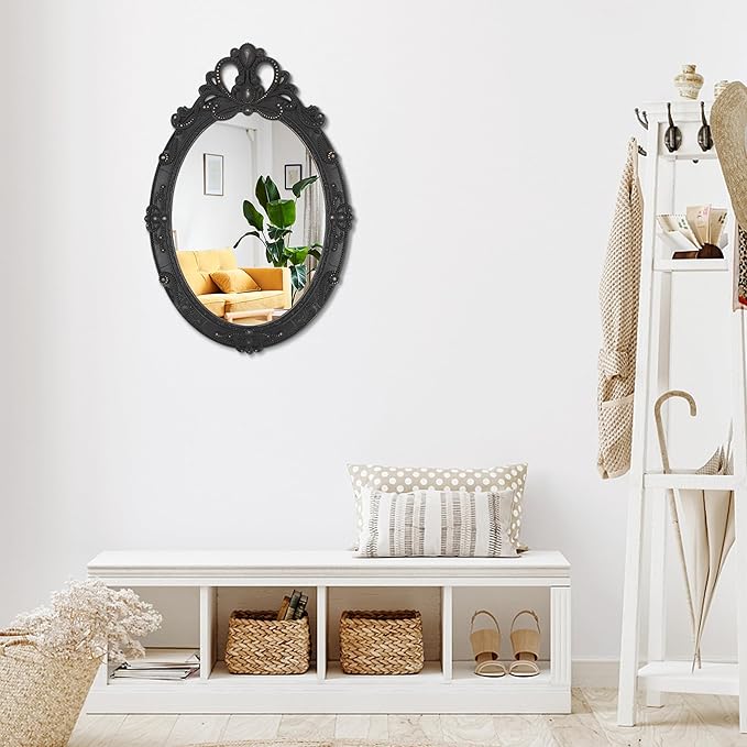Vintage Black Hanging Wall Mirror Wall Decor 24"x16" Antique Oval Carved Wood Frame Bathroom Mirror Vanity Rustic Wall Mounted Mirrors Decorative Farmhouse Mirrors for Bedroom Living Room