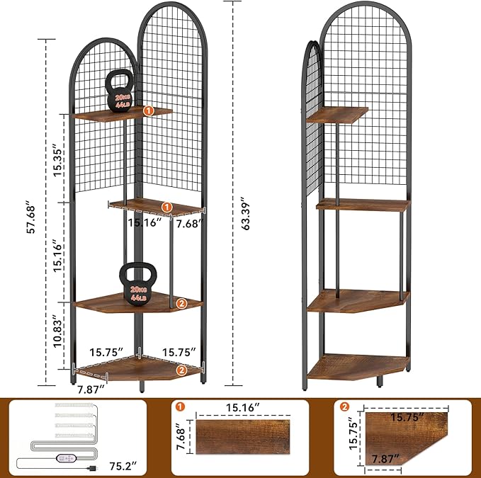 4-Tier Plant Stand with Grow Lights, 63in Tall Corner Shelf for Indoor Plant, 3-Color Adjustable Full-Spectrum Light, Multifunctional Flower Display Rack for Living Room, Patio, Hallway, Black