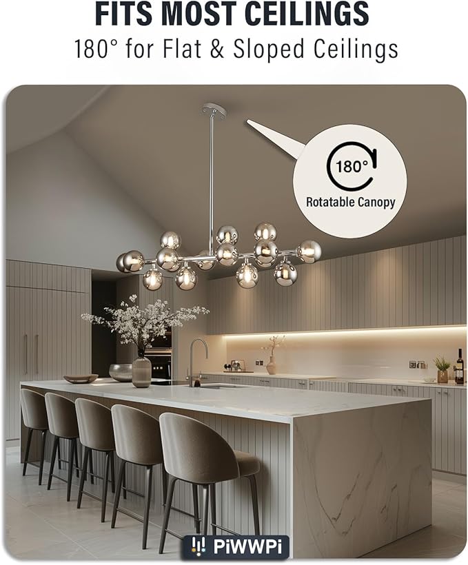 Glass Globe Sputnik Chandelier, 16-Light Mid Century Modern Light Fixture Over Table, Linear Chandeliers for Dining Room, Kitchen Island, Chrome and Smoke Grey Bubble, 40 Inch, GC-02