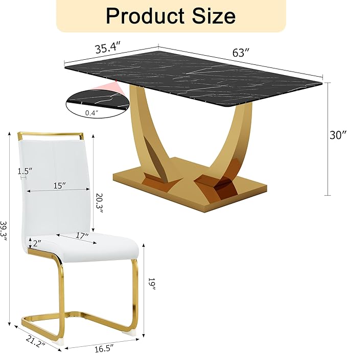 63” Dining Room Table Set for 6,Modern Gold Dining Table Set for 6, Rectangle kitchen Table Set With PU Leather Chairs,Black Faux Marble Dinner Table Set with Tempered Glass Top and Golden Base