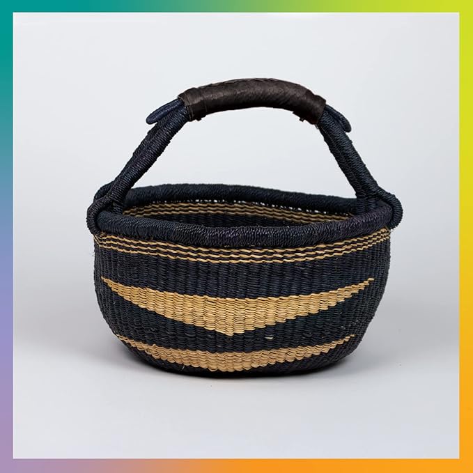 Market Basket, Handmade in Ghana by Women Artisans, Natural + Midnight Color, MEDIUM, 13"-15" Diameter x 8"-9" H, RED HANDLE (1 basket)