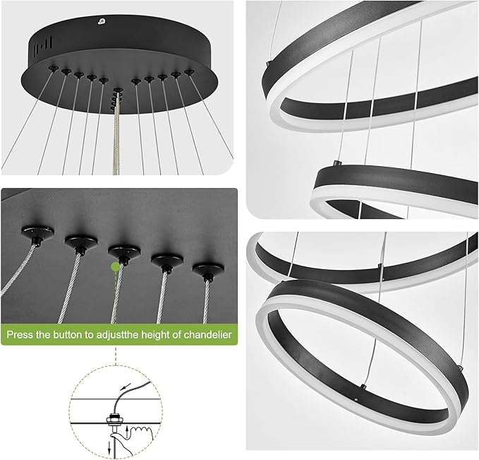 5-Rings Modern LED Chandelier Black High Ceiling Chandelier with Remote Control Dimmable Pendant Lighting for Dining Room Foyer Living Room Entryway Staircase(3000K-6500K, D23.6’’)