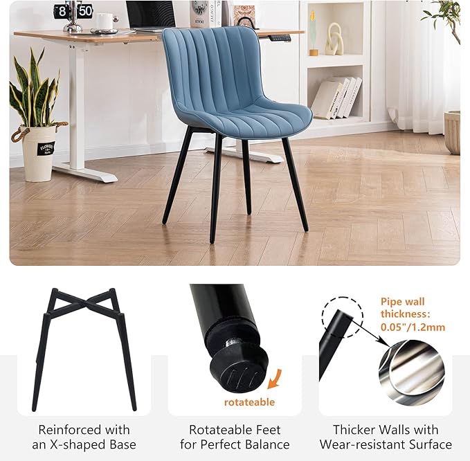 YOUNUOKE Mid-Century Modern Dining Chairs Set of 2, Blue PU Leather Upholstered Kitchen Chairs with Black Metal Legs, Armless Accent Chair for Dining Room, Guest Reception Room