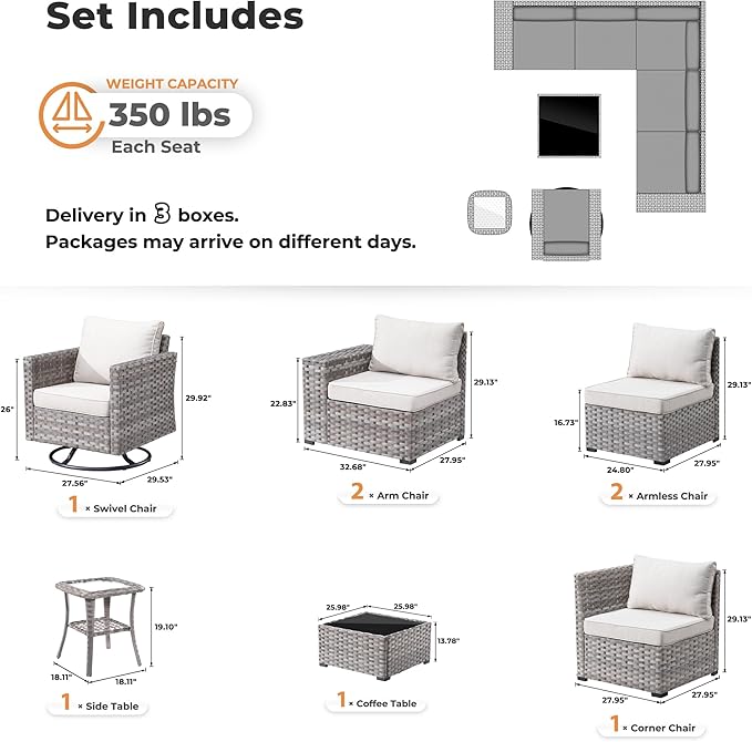 ovios 8 Pieces Patio Furniture Set, Outdoor Wicker Sectional Sofa with Swivel Chair Coffee Table, Modern Modular Deep Seat Rattan Couch Conversation Sets, Beige