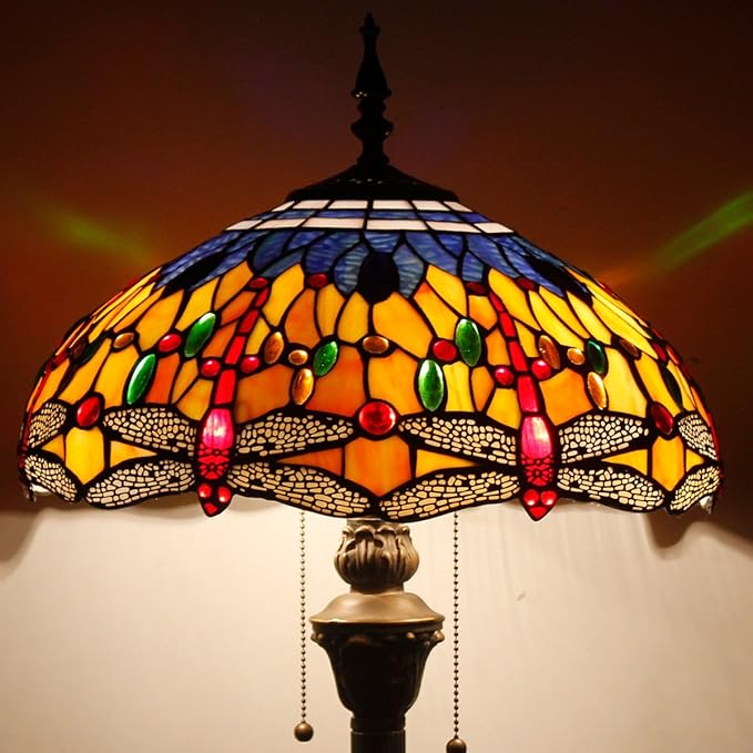 WERFACTORY Tiffany Floor Lamp Blue Yellow Dragonfly Stained Glass Standing Reading Light 16X16X64 Inches Antique Pole Corner Lamp Decor Bedroom Living Room Home Office S168 Series