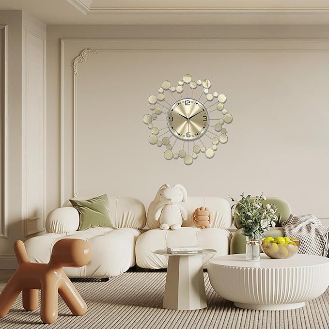 Wall Clock 22.8 Inch Silver Starburst - Silent Non-Ticking Battery Operated Large Round Sunburst Clock for Living Room, Bedroom, Kitchen, Office - Elegant Home Decor Wall Watch