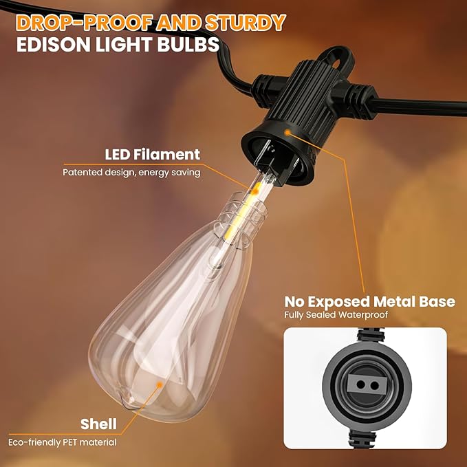 Kawaya Outdoor String Lights for Patio - ST38 Outside IP64 Waterproof Hanging Light with 2700k~6000k Dimmable - 100FT Led Edison Lights for Cafe Bistro Yard Gazebo Porch