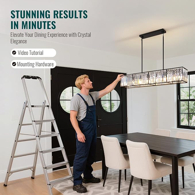 Siljoy Modern Crystal Chandelier for Dining Room, 7 Lights Black Large Rectangular Farmhouse Crystal Chandelier Industrial Linear Pendant Ceiling Light for Living Room Kitchen Island Bar L47''