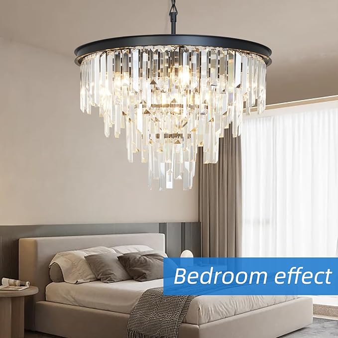 24'' Modern Crystal Chandelier, Black Round Ceiling Light with Clear Prisms, Luxury Flush Mount Lighting Fixture for Dining Room Bedroom Foyer