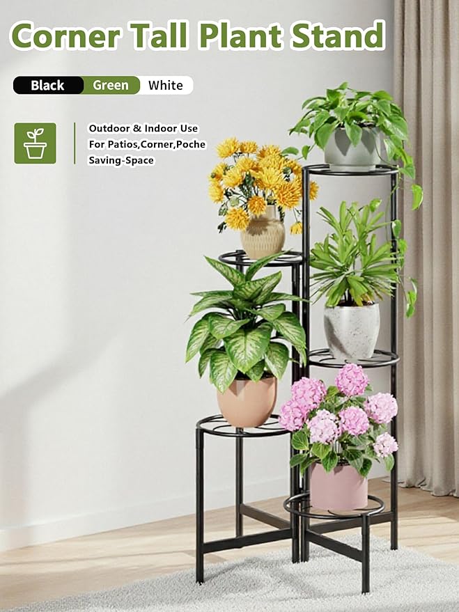 Corner Plant Stand Indoor Outdoor Tall Metal Flower Pot Stands for Multiple Plants 5 Tier Heavy Duty Plant Shelf for Patio Garden Balcony Living Room Bedroom Black Kite