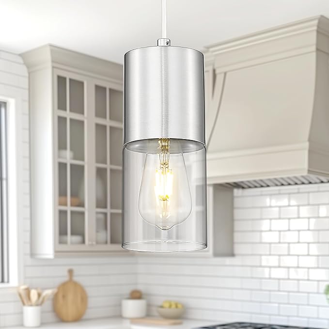 2-Pack Pendant Lights Kitchen Island, Brushed Nickel Hanging Lights Fixtures with Cylinder Clear Glass, Industrial Kitchen Pendant Lighting Over Island for Dining Room, AD-24023-1P2-SN
