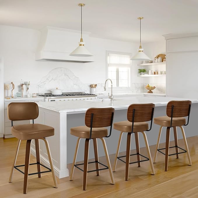 Swivel Counter Height Bar Stools Set of 4, 26" Upholstered Faux Leather Barstools with Back and Bent Wood Legs, Mid Century Modern Bar Chair Island Stool for Kitchen Counter, Brown