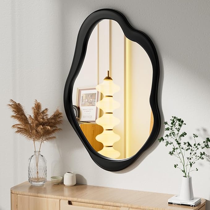 Wavy Mirror, Cloud Mirror, Irregular Wall Mirror with Wood Frame, Modern Decorative Mirror with Hanging Hooks, Asymmetrical Mirror for Bedroom Living Room Entryway (Black, 32×20)