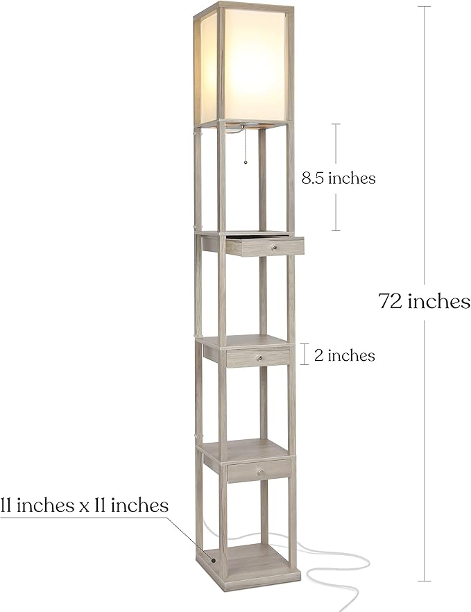 Brightech Maxwell Drawer Edition - Modern Shelf Floor Lamp with Drawer - Corner Display Floor Lamps with Shelves for Living Room, Bedroom and Office - Rustic Wood