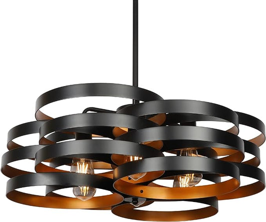 6-Light Modern Farmhouse Chandeliers for Dining Room, Rustic Multiple Rings Pendant Lighting, Industrial Metal Round Chandelier for Kitchen Entryway, Black with Gold Interior