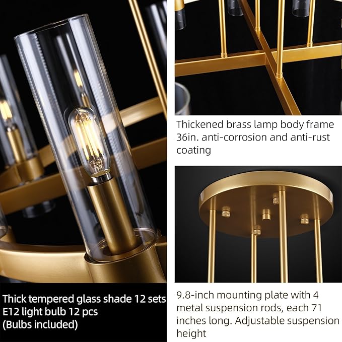 Knurldon12 Light Brass Round Chandelier 36" Wagon Wheel Chandeliers for Dining Room Light Fixture Clear Glass Tube Chandelier Modern Farmhouse Chandeliers for LivingRoom Foyer, Bulb Included