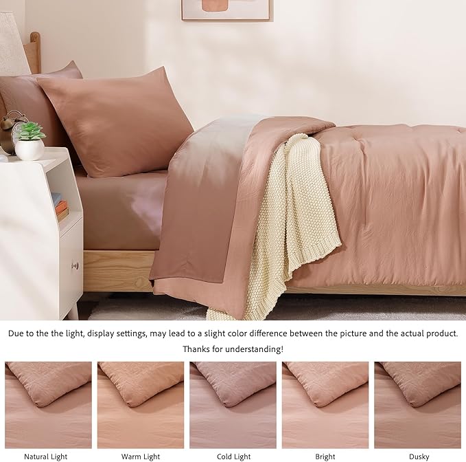 WRENSONGE Twin Comforter Set- 5 Pieces Clay Pink Twin Bed in a Bag, All Season Twin XL Bedding Sets with 1 Fitted Sheet, 1 Flat Sheet, 1 Pillow Sham and 1 Pillowcase