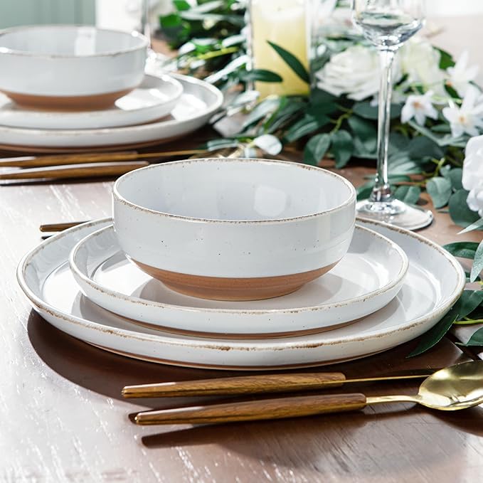 AmorArc 24 Pieces Ceramic Dinnerware Sets for 8, Handpainted Stoneware Plates and Bowls Set with Rustic Terracotta Underside, Scratch Resistant Dishes Set, Dishwasher & Microwave Safe, White