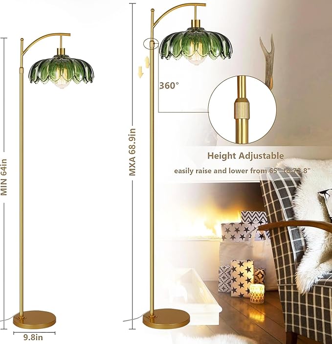Gold Floor Lamp for Living Room,Bedroom,Mid Century Modern Standing Lamp with Remote,Dimmable Brass Tall Lamp Vintage Retro Green Glass Arc Floor Flower Floor Light Boho Bohemian