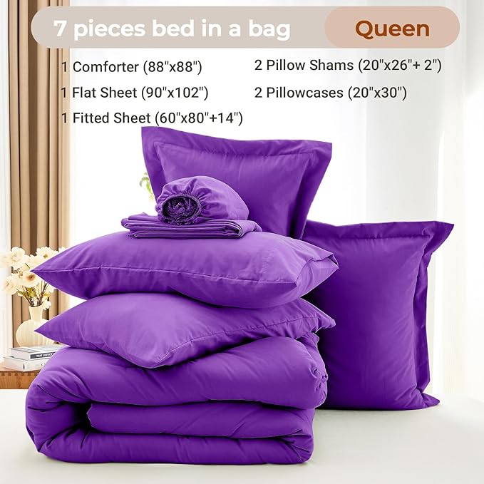MUXHOMO 7 Pieces Queen Comforter Set, Soft Bed in a Bag Queen Size, All Season Bedding Set with Comforter, Flat Sheet, Fitted Sheet, Pillowcases & Shams, Purple