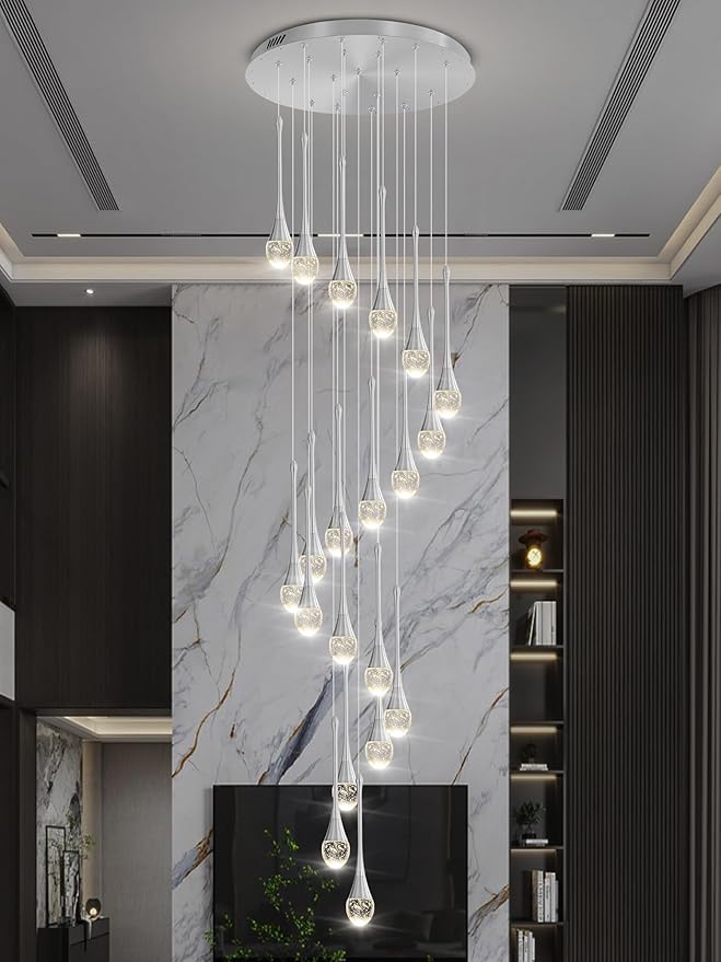 H138 Modern Chandelier for High Ceiling 26-Lights Chrome Raindrop Chandeliers Crystal Pendant Light Fixture Large Chandelier for Staircase Foyer Villa Dimmable LED Hanging Light