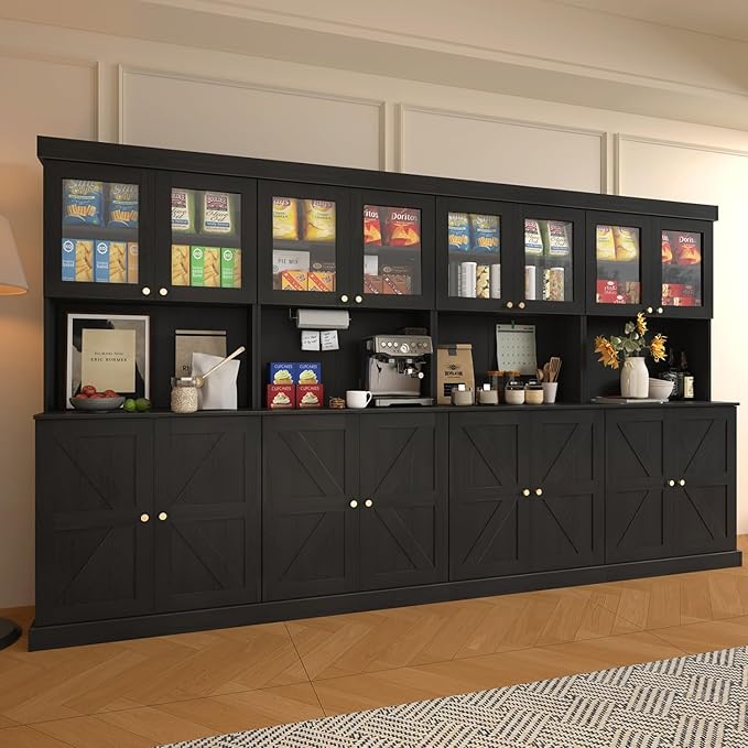 Vyre 71" Farmhouse Kitchen Pantry Cabinet Set of 4, Black Freestanding Coffee Bar Hutch with Glass Doors & Adjustable Shelves, Large Storage Cabinet with Microwave Stand for Living Room & Kitchen