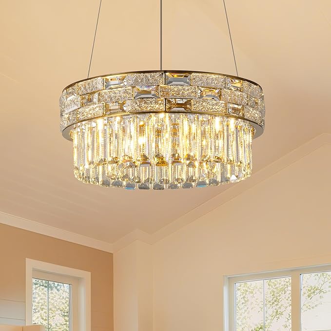 Crystal Chandelier, 16.5" 6-Light Gold Chandelier for Living Room, Round Chandeliers for Dining Room Dimmable, High Ceiling Chandeliers Hanging Lights for Entryway Bedroom